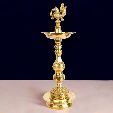 14 Inch Embossed Peacock Kerala Stand – 1 Step Brass Deepam