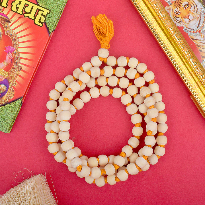 Handcrafted Wooden White Jap Mala with smooth, polished white wooden beads, perfect for prayer, meditation, and spiritual practices. India’s Premium Jap Mala Store- www.satvikstore.in
