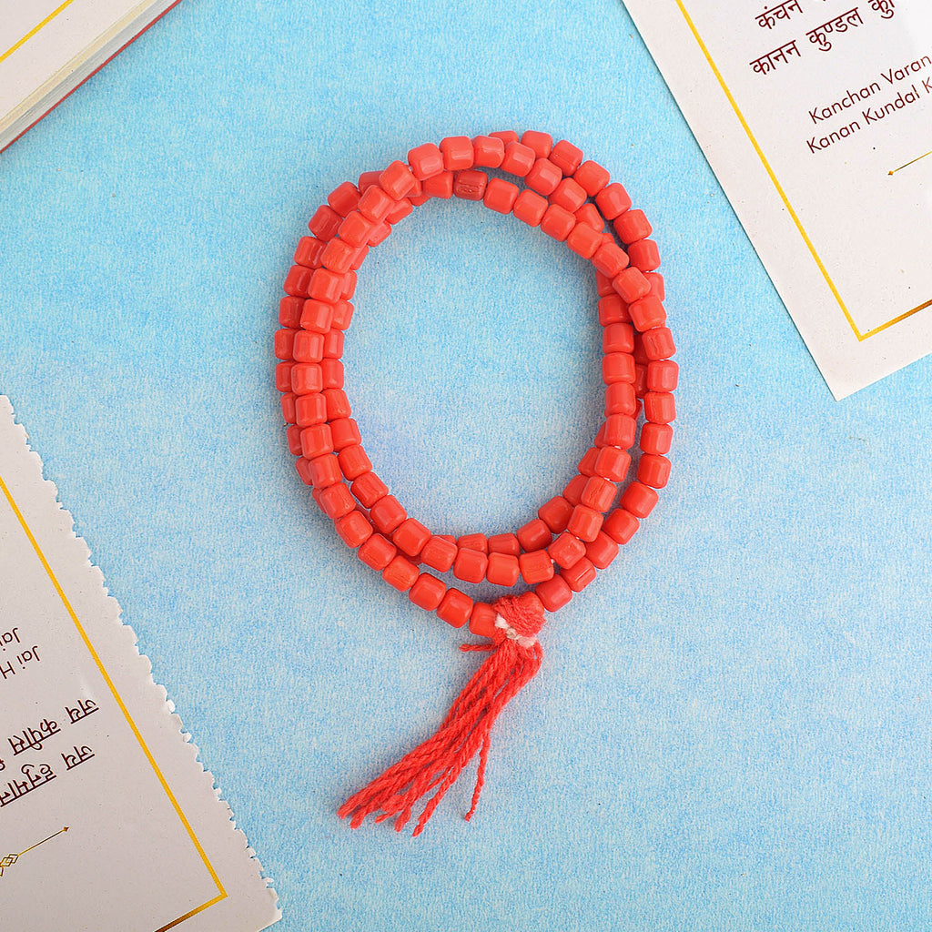 Lal Munga (Blood Stone) Mala with large red beads, ideal for emotional healing, meditation, and spiritual growth. India’s Premium Jap Mala Store- www.satvikstore.in 