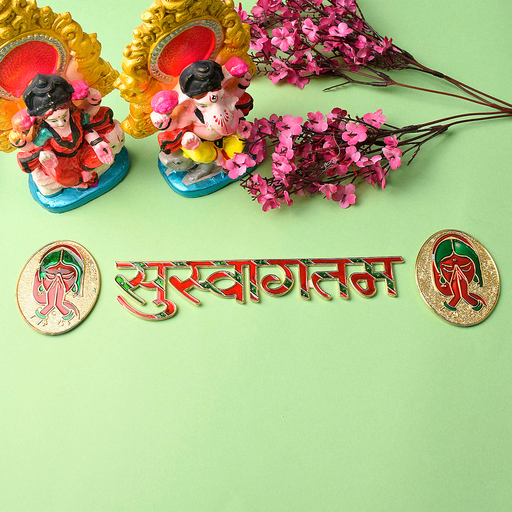 Decorative "Suswagatam" sticker with vibrant traditional design, ideal for warm welcomes at home entrances, pooja rooms, or festive occasions. India’s Largest Pooja Accessories Brand – www.satvikstore.in 