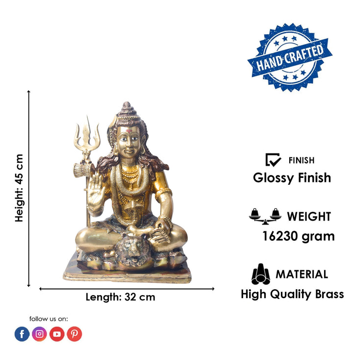 Large Brass Idol of 17.5 Inch Brass Lord Shiva Statue in Meditation Pose. Embodying peace and spiritual focus, this 17.5-inch Brass Shiva Idol features Lord Shiva in a serene meditative posture. Known as the ultimate yogi, Lord Shiva is beautifully represented here with intricate detailing in brass, capturing the tranquility and profound wisdom of his meditation on www.satvikstore.in