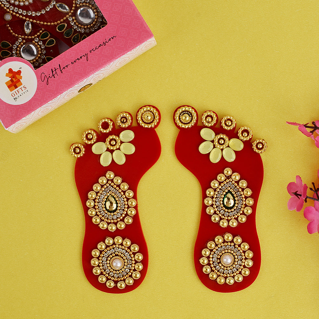 Divine Laxmi Charan Paduka - Prosperity's Footprints Sticker, decorative adhesive footprints symbolizing Goddess Lakshmi, ideal for home entrances, pooja rooms, and festive decor. 
India’s Largest Pooja Accessories Brand – www.satvikstore.in 