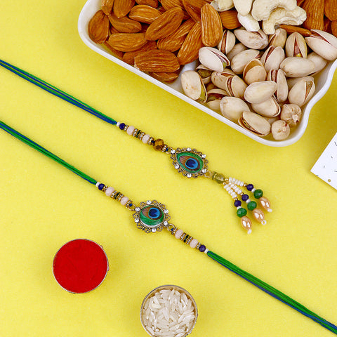 Elegant Rakhi combo with premium dry fruits gift set for Raksha Bandhan. India’s Largest Pooja Accessories Brand – www.satvikstore.in
