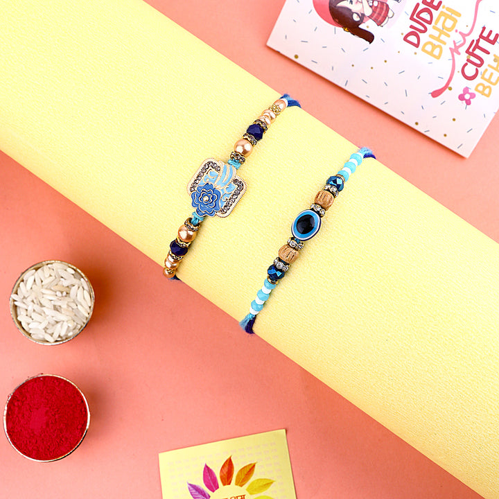 Elegant Rakhi pair with decorative beadwork for brothers. India’s Largest Pooja Accessories Brand – www.satvikstore.in

