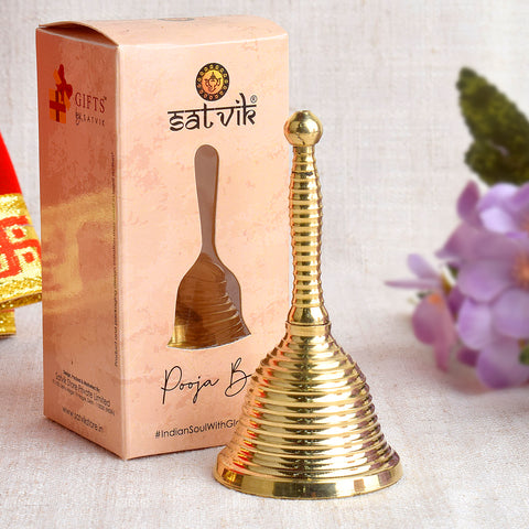 Elegant Winsome Brass Pooja Bell (Ghanti) symbolizing spiritual purity, used in Hindu rituals to invoke divine presence during prayer ceremonies. India’s Largest Pooja Accessories Brand – www.satvikstore.in