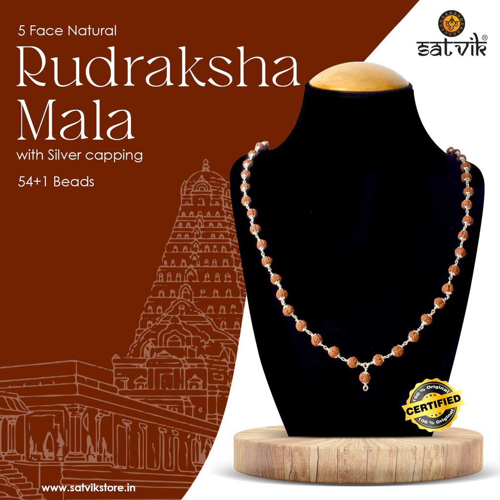 Certified Rudraksha Mala with silver Capping made from Acacia catechu black wood beads – ideal for meditation, chanting, and spiritual protection. India’s Premium Rudraksha Jap Mala Store- www.satvikstore.in