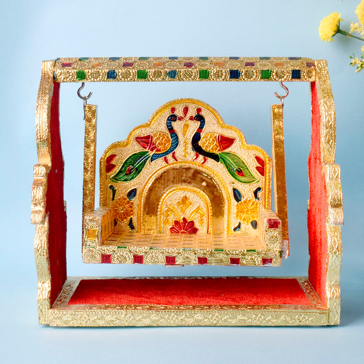Golden Meenakari Peacock Singhasan Jhula | India’s Largest Pooja Accessories Brand – www.satvikstore.in
