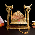 Handcrafted metal Peacock Jhula for Laddu Gopal with detailed peacock designs and colorful accents, ideal for temple décor and Janmashtami celebrations. India’s Largest Pooja Accessories Brand – www.satvikstore.in