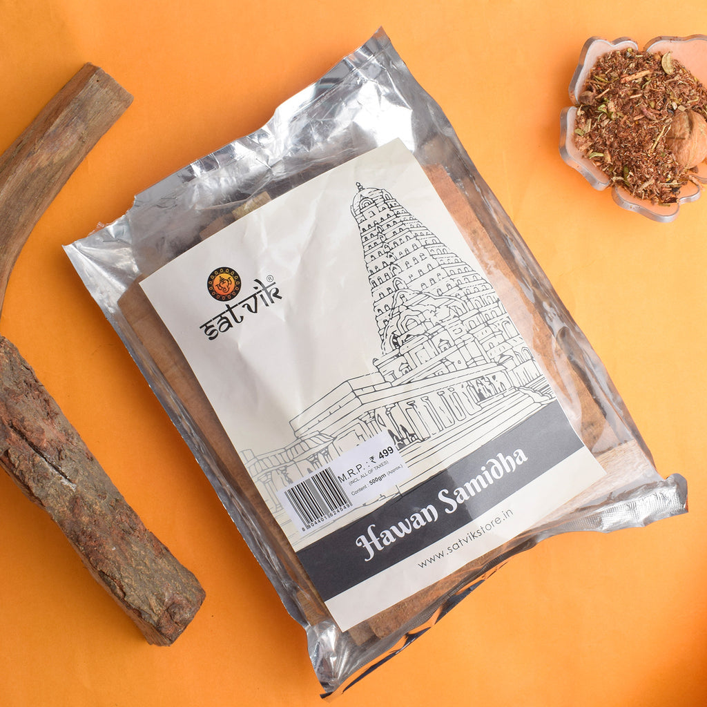 Hawan Samidha 500Gm (Pure Mango Wood) is essential for performing hawan or fire rituals, made from high-quality, pure mango wood. It ensures the purity and effectiveness of the fire ceremony, bringing positive energy and spiritual benefits – India’s Largest Pooja Accessories Brand – www.satvikstore.in