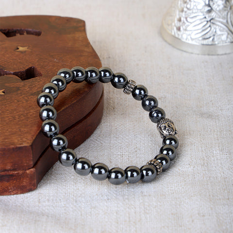 Hematite healing stone bracelet with silver Buddha charm and 8mm beads India’s Largest Pooja Accessories Brand - www.satvikstore.in