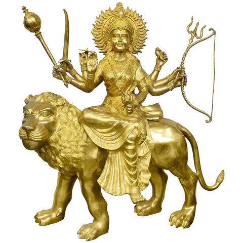 58 Inch Large Monumental Brass Durga Mata Riding Lion Statue