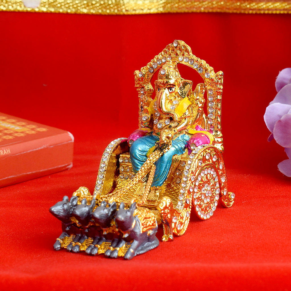 Metal Ganpati on Rath statue, featuring Lord Ganesha seated on a beautifully detailed chariot (rath), symbolizing strength, wisdom, and divine blessings. Perfect for spiritual decor and religious ceremonies.India’s Largest Pooja Accessories Brand – www.satvikstore.in 