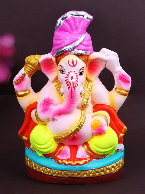 8.5-inch Nandana eco-friendly Ganpati idol in serene Padmasana pose, crafted with natural clay and hand-painted in bright festive colors. India’s Largest Pooja Accessories Brand – www.satvikstore.in