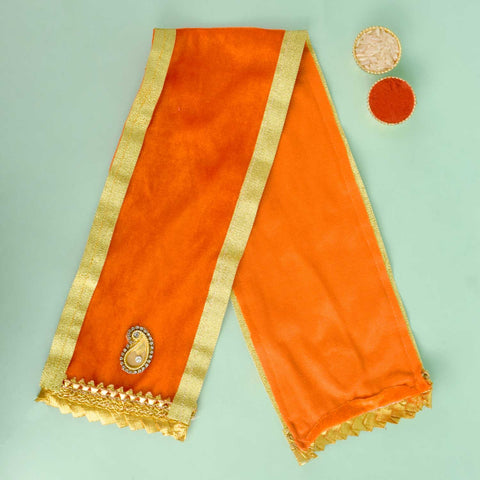 Orange devotional Angvastra Patka Dupatta, 22 inches long, perfect for religious ceremonies, temple rituals, and spiritual wear. India’s Largest Pooja Accessories Brand – www.satvikstore.in