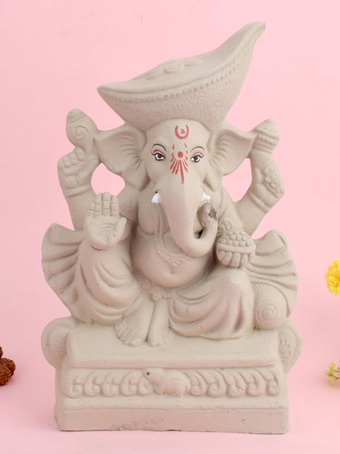 Plain 10.8 Inch Padmasana eco-friendly Ganesha idol with Mavala-style pagdi, handcrafted from natural shadu mati for traditional Ganesh Chaturthi worship. India’s Largest Pooja Accessories Brand – www.satvikstore.in
