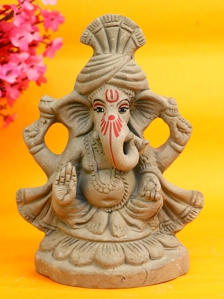 6.3 Inch Pagdi Wale Eco-Friendly Ganesha Idol made of Shadu Mati, depicting Lord Ganesha with a traditional turban and serene expression India’s Largest Pooja Accessories Brand – www.satvikstore.in