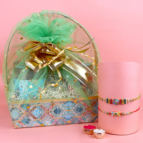 Rakhi and Stylish Gift Hamper featuring a designer Rakhi with premium gift. India’s Largest Pooja Accessories Brand – www.satvikstore.in

