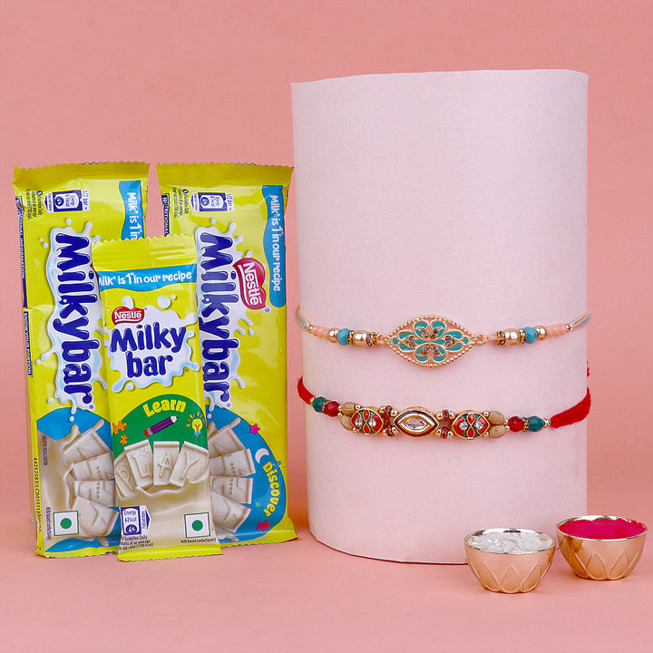 Rakhi pair with heavenly chocolate combo gift set for Raksha Bandhan. India’s Largest Pooja Accessories Brand – www.satvikstore.in
