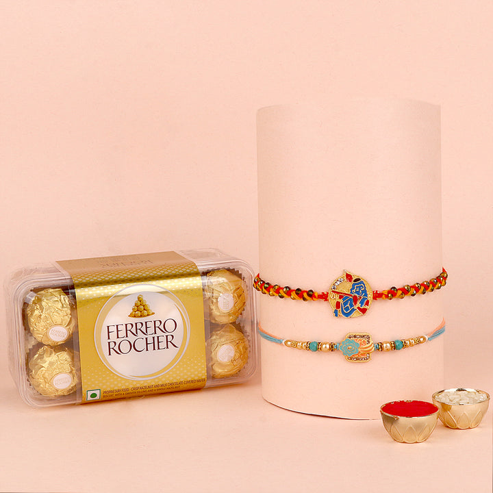 Rakhi with Ferrero Rocher chocolates gift set for Raksha Bandhan. India’s Largest Pooja Accessories Brand – www.satvikstore.in

