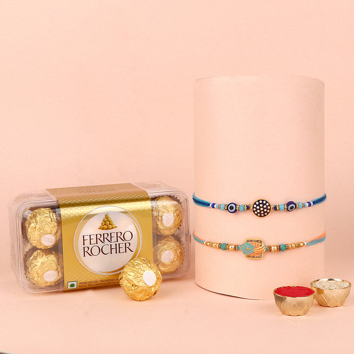 Rakhi with a delectable chocolate gift hamper for Raksha Bandhan. India’s Largest Pooja Accessories Brand – www.satvikstore.in
