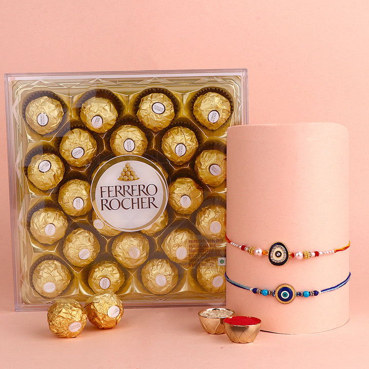 Rakhi with a chocolates combo gift hamper including delicious assorted chocolates, perfect for celebrating Raksha Bandhan. satvikstore.in