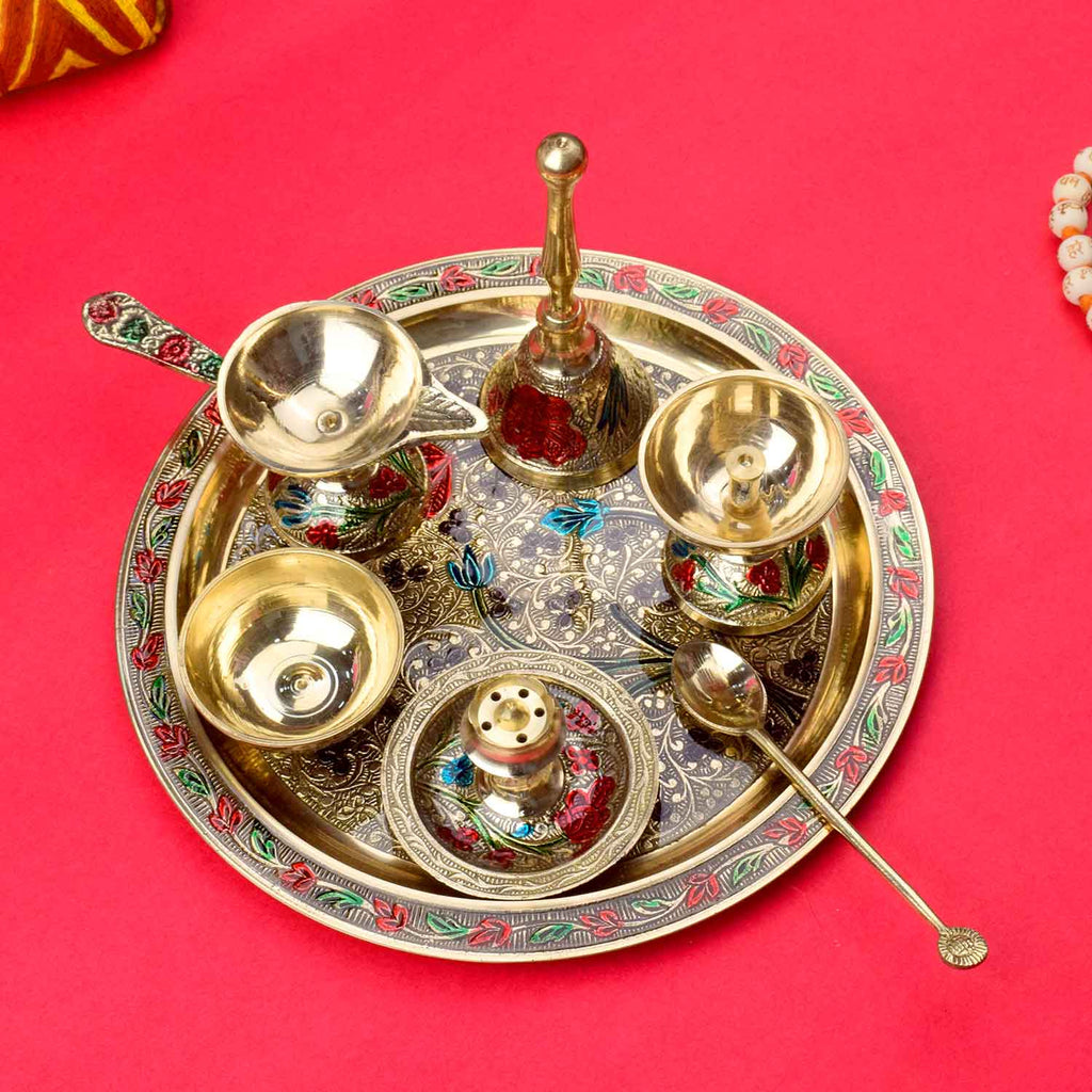 Ravishing 7 Pc Brass Puja Thali Set with Premium Velvet Box, 17.7cm (8 Inch), featuring intricately crafted pooja essentials in a luxurious red velvet case, ideal for religious rituals and gifting. 
India’s Largest Pooja Accessories Brand – www.satvikstore.in 