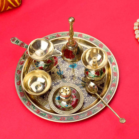 Ravishing 7 Pc Brass Puja Thali Set with Premium Velvet Box, 17.7cm (8 Inch), featuring intricately crafted pooja essentials in a luxurious red velvet case, ideal for religious rituals and gifting. India’s Largest Pooja Accessories Brand – www.satvikstore.in 