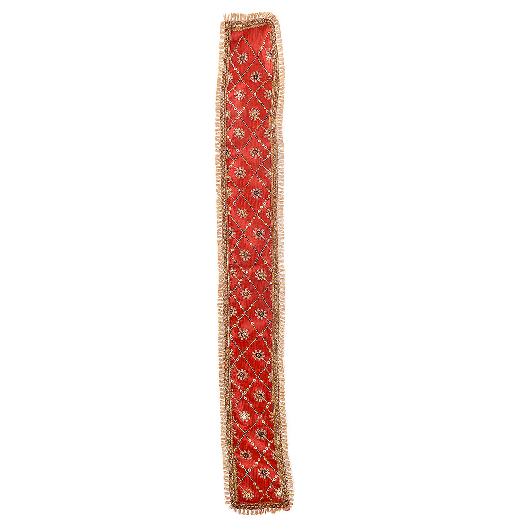 Red printed royal Patka or Angvastra made of soft fabric, featuring traditional patterns, used for religious or cultural ceremonies, folded neatly against a plain background. India’s Largest Pooja Accessories Brand – www.satvikstore.in