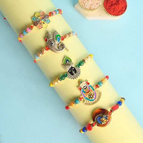 Set of 5 Designer Rakhi Threads with Roli Chawal and Ram Sita Stickers for Raksha Bandhan Celebration. India’s Largest Pooja Accessories Brand - www.satvikstore.in
