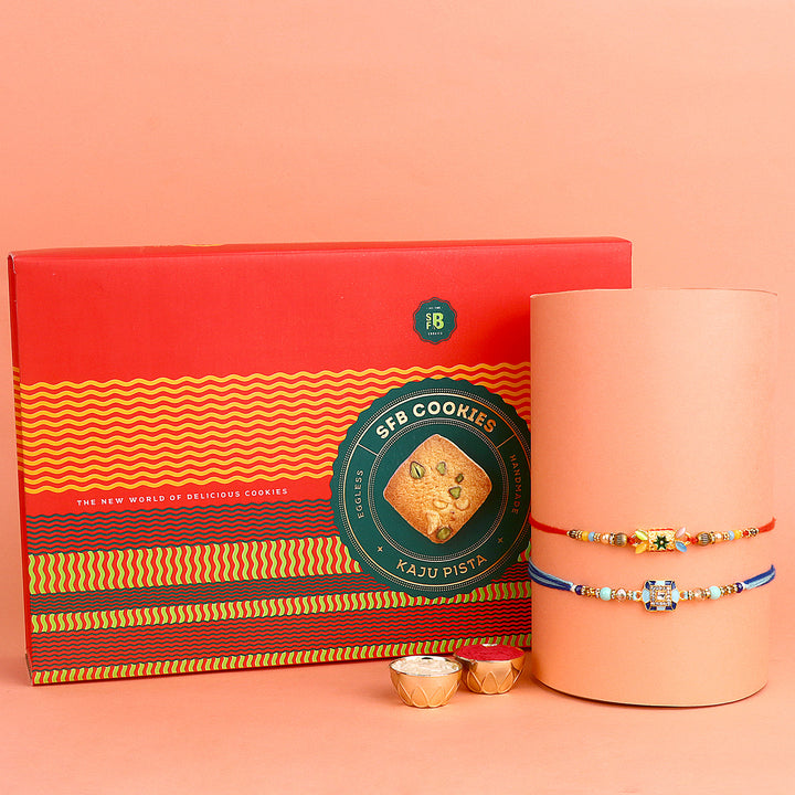 Set of 2 designer Rakhi with sweets combo gift pack for Raksha Bandhan, featuring beautifully crafted rakhis paired with traditional festive sweets.