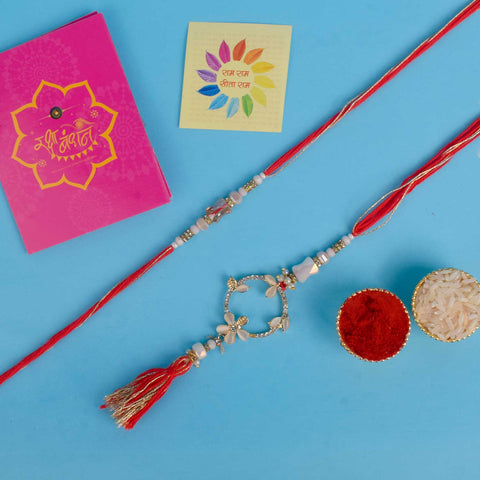 Designer Couple Rakhi Set for Bhaiya and Bhabhi with Roli Chawal and Ram Sita Stickers – Raksha Bandhan Gift Combo. India’s Largest Brass Idols Brand - www.satvikstore.in