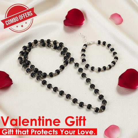 Valentine Gift for Couples Certified Combo of Karungali Mala & Bracelet with Silver Capping